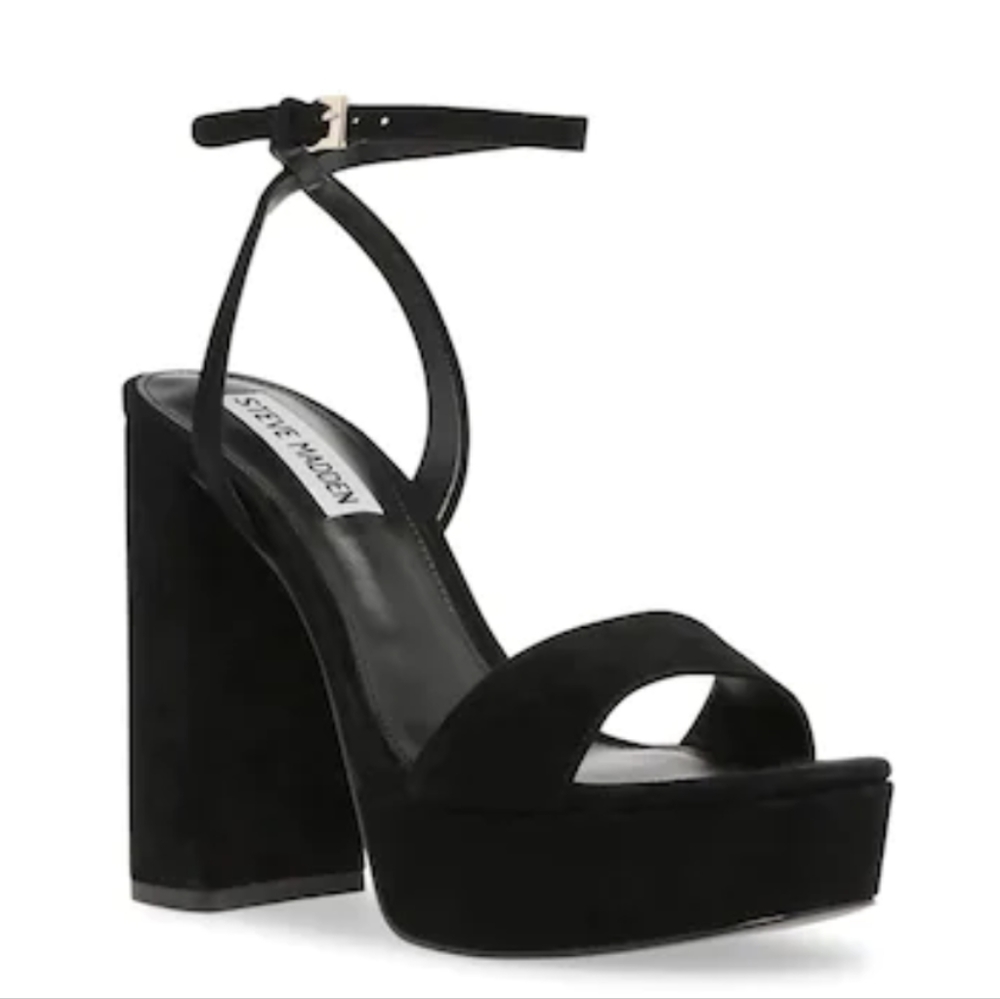 New Women's Steve Madden Lessa Black Suede Platform Sandal Ankle Strap Size 9M